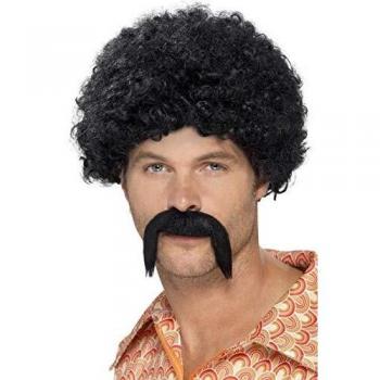 Smiffys-43664 Kit de Persona Desaliñada de los 70, con Afro Apretado y Bigote, Color Negro, No es Applicable