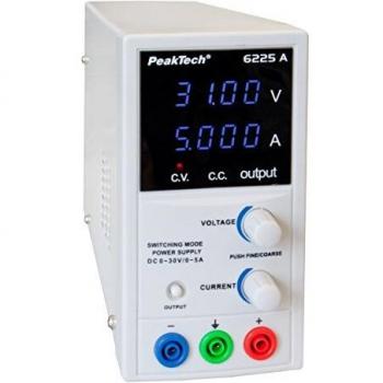 PeakTech 6225 A – Fuente de alimentación 0-30V / 0-5A, ajustable, DC con pantalla LED de 4 dígitos, conmutación estabilizada, amperímetro, sobrecarga y prueba de cortocircuito, diseño estrecho