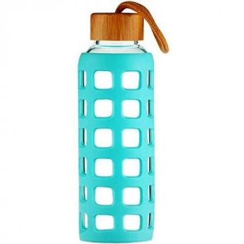 Cleesmil Botella de Agua de Cristal de Deporte con Funda de Silicona con Tapa de Bambú 660 ml