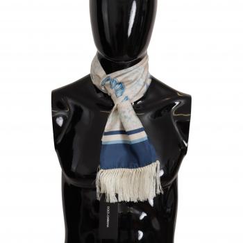 Dolce & Gabbana Blue Silk Shell Print White Shawl Fringes Scarf
