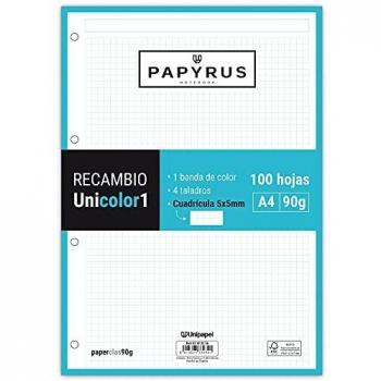 UNIPAPEL 53392236. Recambios 100 Hojas A4, Cuadrículadas 5x5, Banda Color Turquesa, PaperClas90g, Papyrus - Unicolor 1