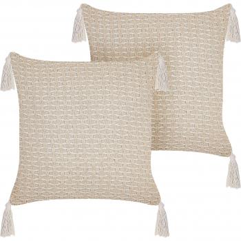 Set de 2 Cojines Decorativos Beige Claro 42 x 42 cm con Patrón Geométrico y Borlas, Funda Desmontable con Relleno