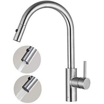 Umi. by Amazon - Grifo de Fregadero Cocina Extraíble 360° Giratorio 2 Modos de Chorro con Ducha Extensible Latón Inoxidable Acabado Cepillado