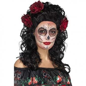 Smiffys-45061 Peluca Deluxe del día de Muertos, con Rosas, Color Negro, No es Applicable