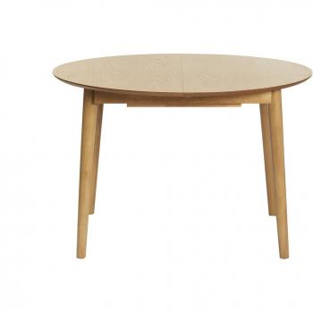 Mesa redonda extensible EGO de Miliboo con extensiones integradas de madera de roble clara, dimensiones 115-154 cm