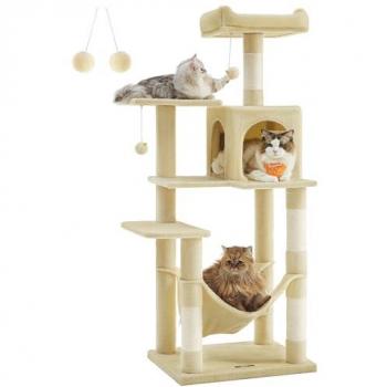 Árbol para Gatos Multinivel de 143 cm - Torre con 4 Postes Rascadores, 2 Plataformas, 1 Cueva, 1 Hamaca, 2 Pompones, Tela de Felpa,