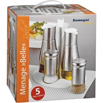 Esmeyer Belle - Juego de vinagreras de 5 piezas de acero inoxidable, cristal y plástico, en caja de regalo