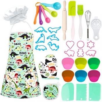 STAY GENT Juego De Chef para Niños 35 Piezas, Juego De Cocina Horneado Juego de rol de Chef para Niños, Delantal De Dinosaurio, Gorros De Chef, Regalos Juguete De Cocina para Niños Niñas 3 4 5 6 7 8
