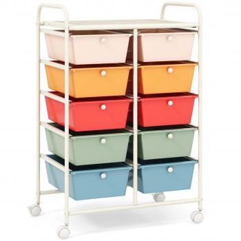 10-Drawer Rolling Storage Cart - Utility Rolling Trolley with 4 Wheels, Macaron Color, Plastic Construction, Ideal for Kitchen and Office Organization