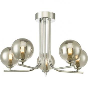 Plafón Cradle Cromo Brillo con Cristal Ahumado, 5 Bombillas, Diámetro de 28 cm