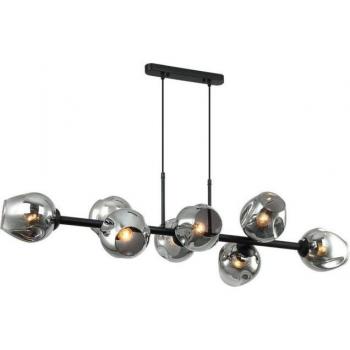 Lámpara colgante moderna Borgo Black Steel de 8 bombillas, 112 cm, con pantallas ahumadas en grafito y casquillos E27