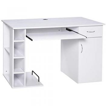 Mesa Escritorio para PC con Estantes Abiertos, Baldas Ajustables, Armario y Bandeja Extraíble 120x60x74 cm Blanca