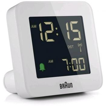 Reloj Despertador Digital Braun BC09-DCF Blanco, pantalla LED, función de alarma, diseño moderno y minimalista, fácil de leer en la oscuridad, ajuste de brillo, tamaño compacto