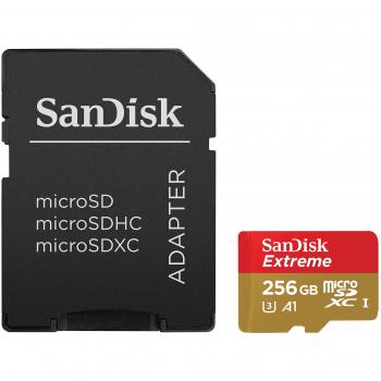 Tarjeta de memoria SanDisk Extreme microSDXC 256GB A1 con adaptador SD, rendimiento de aplicaciones A1, velocidad de hasta 100MB/s, Clase 10, U3 y V30