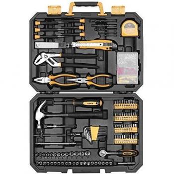 DEKO Juego de herramientas de 196 piezas Kit de herramientas de mano para el hogar en general con martillo rasgador, alicates de liniero, regla de cinta métrica y caja de herramientas de plástico