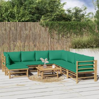 9-Piece Bamboo Garden Lounge Set with Green Cushions