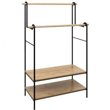 Burro de Ropa Doble con 2 Estantes y 2 Barras Colgadoras en Madera y Metal Negro y Roble Claro, Dimensiones 96x164 cm