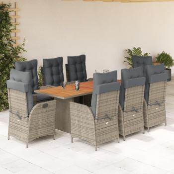 9-Piece Grey Poly Rattan Garden Dining Set with Cushions