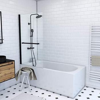 Mampara de Bañera Abatible 85x150cm con Toallero - Vidrio 6mm - Negro