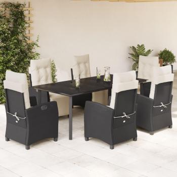 7-Piece Black Poly Rattan Garden Dining Set with Cushions