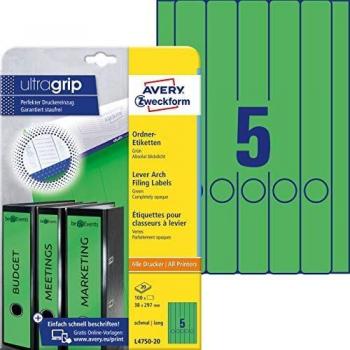 Etiquetas de Lomo para Carpetas Avery Zweckform L4750-20, 38 x 297 mm, autoadhesivas, verdes, 100 unidades (20 hojas)