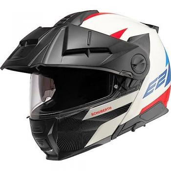 Casco Schuberth E2 Defender Modular - Seguridad y Confort Garantizados, color blanco con detalles en rojo y azul, diseño modular, ligero y aerodinámico, sistema de ventilación optimizado, forro interior extraíble y lav