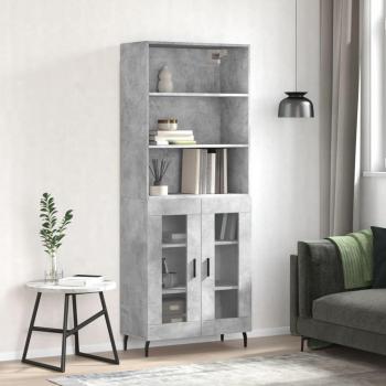 Aparador alto de madera contrachapada en color gris hormigón, dimensiones 69,5x34x180 cm, con 2 puertas de cristal, ideal como mueble de almacenaje para salón o armario auxiliar