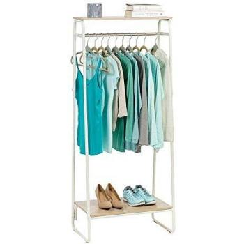 Perchero Metálico IRIS OHYAMA con 2 Estantes, Blanco, Diseño Moderno y Antideslizante para Dormitorio y Estudio