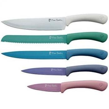 Pierre Cardin Set de 5 Multicolor Pastel Acero Inoxidable, Cuchillo de Chef de 20 cms. para el Pan de 20 cms. fileteador de 20 cms. utilitario de 12,5 cms. y pelador de 8,75 cms
