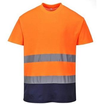 Camiseta de algodón bicolor de alta visibilidad con contraste, manga corta, Portwest S173, naranja/azul marino