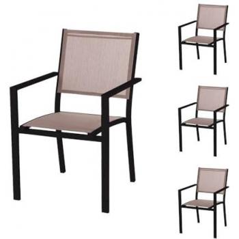 Set de 4 Sillas de Jardín Apilables Thais con Brazos de Aluminio Negro y Textileno Topo 55x60x86 cm