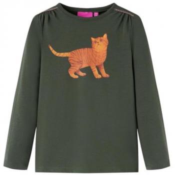 Camiseta Infantil de Manga Larga Estampado de Gato Jersey Caqui 104