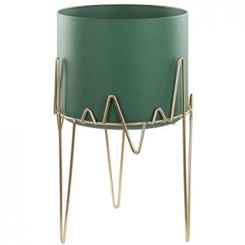 Soporte para plantas moderno de metal verde y dorado, 28 x 28 x 50 cm, resistente a rayos UV, diseño industrial