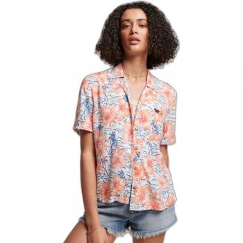 Superdry Women's Vintage Beach Resort Shirt, Casual Viscose, Short Sleeve, Pink XXS