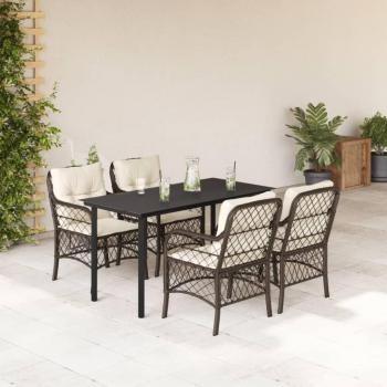 5-Piece Brown Poly Rattan Garden Dining Set with Cushions