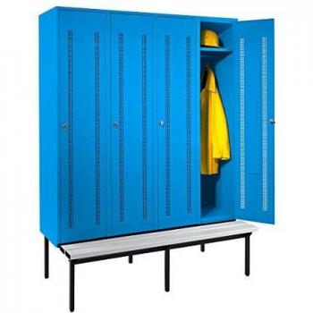 Taquilla Wolf Berlin 1 con banco inferior integrado, 4 compartimentos, color azul claro, dimensiones B 1600 mm, material plástico