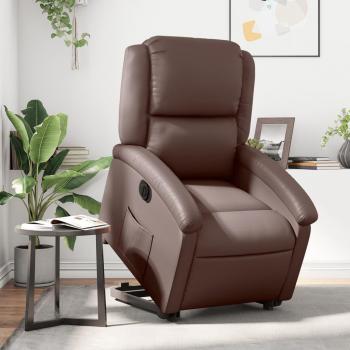 Sillón Reclinable Elevable Eléctrico de Cuero Sintético Marrón con Respaldo y Reposabrazos