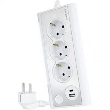NANOCABLE 10.37.0013-W - Regleta de Sobremesa con 3 Tomas de Tierra y 2 USB´s con Luz, Color Blanco