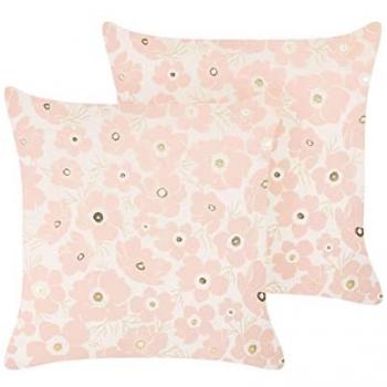 Set de 2 cojines decorativos de terciopelo beige y rosa 45 x 45 cm con patrón floral, funda removible e incluye relleno