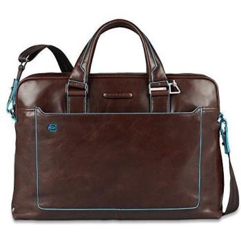 Piquadro Blue Square Mahogany Leather Computer Portfolio Briefcase with iPad Compartment and Bottle Holder for 15'' Laptop