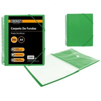 Carpeta Ingraf 30 fundas A4 con sobre portadocumentos - polipropileno rígido - espiral plástica indeformable - apertura 360 grados - portada personalizable - color verde