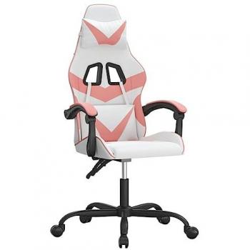 Silla gaming cuero sintético blanco y rosa con reposabrazos, ruedas giratorias y altura ajustable, ideal para estudio, oficina o casa