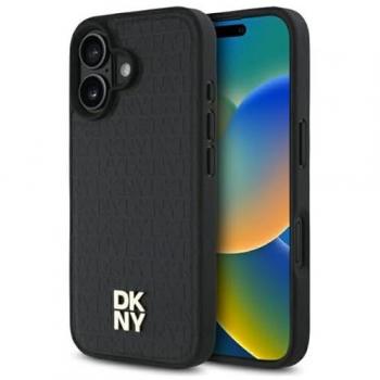 Funda rígida DKNY para iPhone 16 6.1 negra con logo de patrón repetido y MagSafe