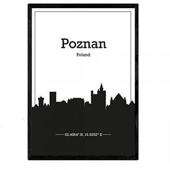 Póster A4 de Poznan, Polonia - Mapa y Skyline con Sombra Negra