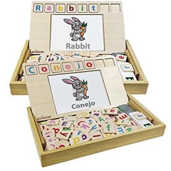 Lexibook Bio Toys Escuela de Palabras Bilingüe Inglés/Español Juego de Madera, 50 Tarjetas, Alfabeto, Juego Educativo para niños a partir de 3 años, Multicolor