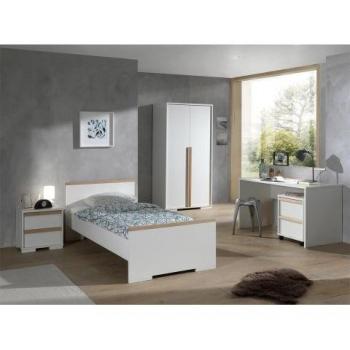 Conjunto Infantil Vipack London 3 Piezas: Cama 90x200 cm, Mesita de Noche con 2 Cajones y Armario de 2 Puertas en Madera Haya Blanco Mate
