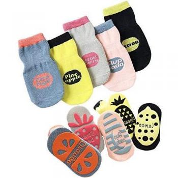 T WILKER 5 Pares de Calcetines Antideslizantes para Niños Pequeños, Bonitos Calcetines Antideslizantes con Estampado de Frutas para Niños y Niñas Recién Nacidos para Bebés de 0 a 5 Años
