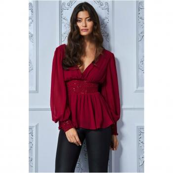 Goddiva Sequin Chiffon Puffy Sleeve Top - Wine - Size 8 UK