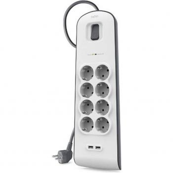 Belkin BSV804VF2M Regleta de Protección contra Sobretensiones con 8 Tomas, 2 Puertos USB (2.4 A), Interruptor de Apagado y Encendido, Blanco/Gris