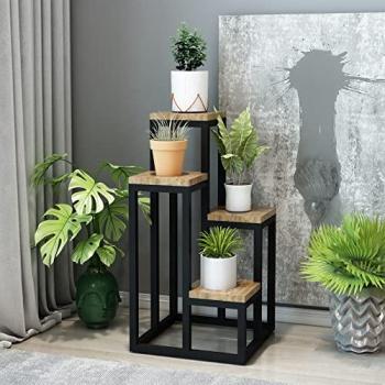 Soporte para Plantas Ameland 4 Niveles Metal/Aglomerado Negro/Madera 67 x 34 x 34 cm